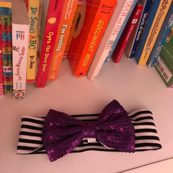 Halloween Black White Striped Headband Purple Bow - Picture 5 of 5